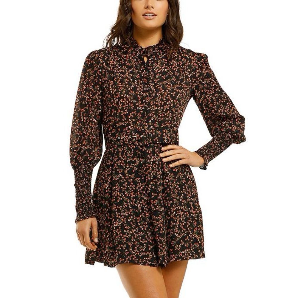 Nicholas Long Sleeve Floral Mini Black and Red Dress